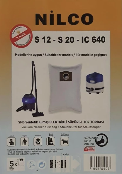 Nilco S12 - S20 - IC 640 Uyumlu Bez Toz Torbası 5 Adet - Resim 2
