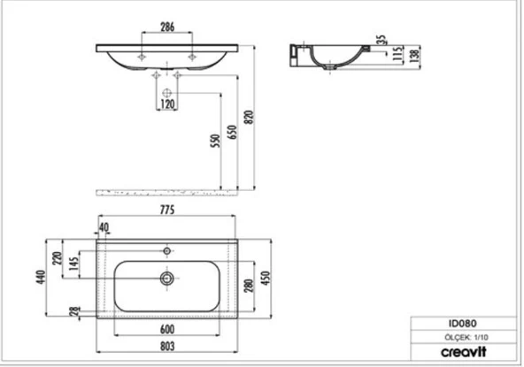 Creavit ID080 İdeal Dolap Uyumlu Lavabo 45X80 cm Beyaz - 2