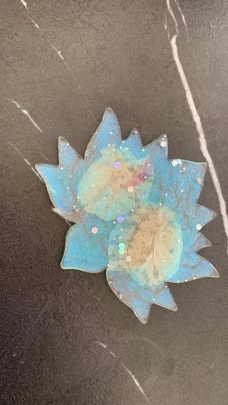 Su Mavisi Renk Gümüş Glitter Ve Turuncu Begonvil Süslü Lotus Çiçeği Epoksi Bardak Altlığı El Yapımı - 2