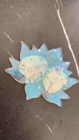 Su Mavisi Renk Gümüş Glitter Ve Turuncu Begonvil Süslü Lotus Çiçeği Epoksi Bardak Altlığı El Yapımı - 6