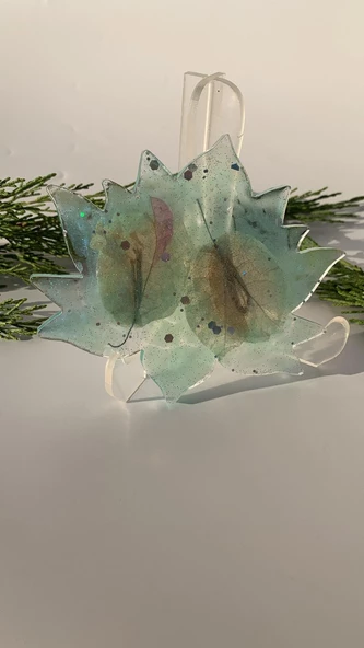 Su Mavisi Renk Gümüş Glitter Ve Turuncu Begonvil Süslü Lotus Çiçeği Epoksi Bardak Altlığı El Yapımı - 8