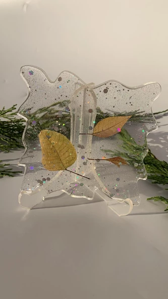 Şeffaf Epoksi İçinde Glitter ve Kurutulmuş Yaprak Süslü Dalgalı Kare Şekil Bardak Altlığı El Yapımı - 3