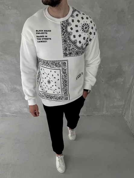 Üç İplik Desenli Bisiklet Yaka Oversize SweatShirt - Beyaz