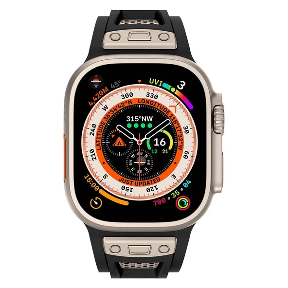 Apple Watch 10 Serisi 46mm Redclick KRD-117 Terletmeyen Delikli Metal Süs Desenli Silikon Kordon - Resim 8