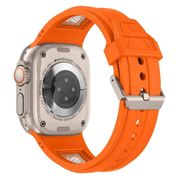 Watch Ultra 49mm Redclick KRD-117 Hava Alabilen Delikli Metal Desenli Silikon Kordon - Resim 2