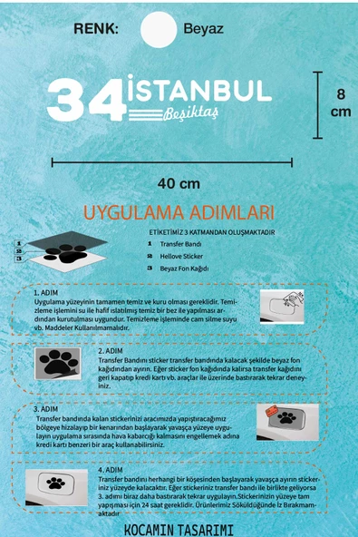 İstanbul 34 Plaka Kodlu Beyaz Araç Sticker Beşiktaş İlçe Yazılı Özel Tasarım 40x8 cm  Şehir ve İlçe Temalı Kaliteli Sticker - 5