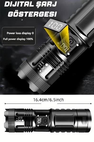 Çok Fonksiyonlu Şarj Göstergeli El Feneri – Yüksek Işık Gücü ve Uzun Pil Ömrü dijital gösterge - 3