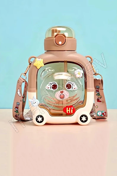 Madamev Sevimli Ayıcık Su Matarası Suluk Bpa İçermez Çocuk Okul Kapaklı Su Şişesi Sticker Figürlü 1000 ml - 3