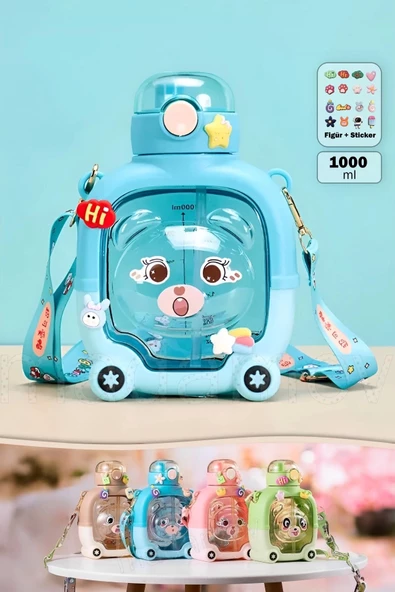 Madamev Sevimli Ayıcık Su Matarası Suluk Bpa İçermez Mavi Okul Kapaklı Su Şişesi Sticker Figürlü 1000 ml