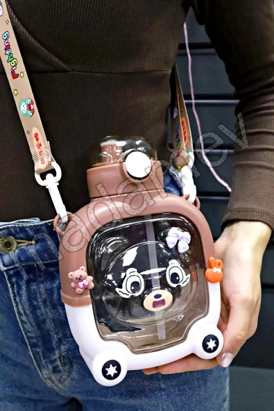 Madamev Sevimli Ayıcık Su Matarası Suluk Bpa İçermez Çocuk Okul Kapaklı Su Şişesi Sticker Figürlü 1000 ml - 2