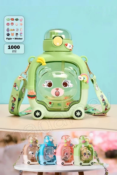 Madamev Sevimli Ayıcık Su Matarası Suluk Bpa İçermez Yeşil Okul Kapaklı Su Şişesi Sticker Figürlü 1000 ml