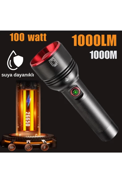 100 watt metal tasarım 1000 lümen 1000 metre zomlu el feneri or-2208-tg