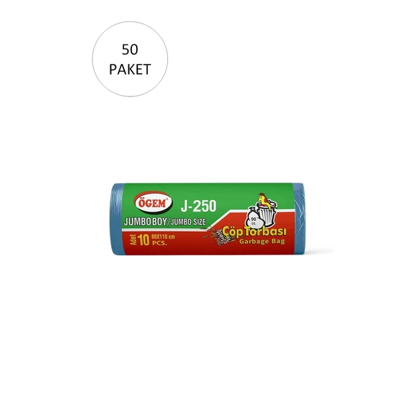 J-250 Jumbo Boy Çöp Torbası 80 x 110 cm 10 Lu Rulo x 50 Paket = 500 Adet (Mavi)