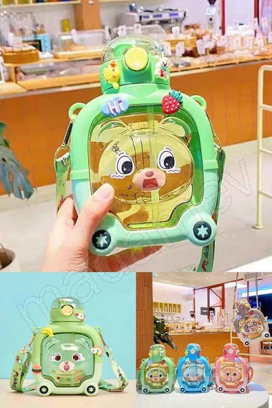 Madamev Sevimli Ayıcık Su Matarası Suluk Bpa İçermez Yeşil Okul Kapaklı Su Şişesi Sticker Figürlü 1000 ml - 3