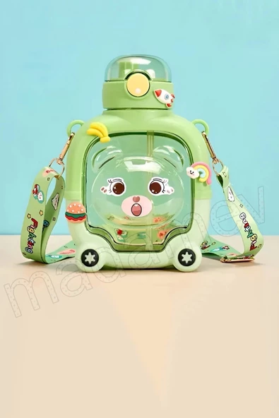 Madamev Sevimli Ayıcık Su Matarası Suluk Bpa İçermez Yeşil Okul Kapaklı Su Şişesi Sticker Figürlü 1000 ml - 2