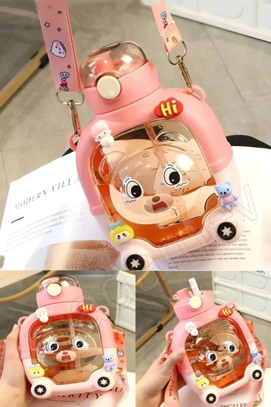 Madamev Sevimli Ayıcık Su Matarası Suluk Bpa İçermez Pembe Okul Kapaklı Su Şişesi Sticker Figürlü 1000 ml - 2
