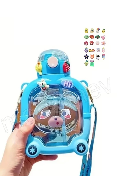 Madamev Sevimli Ayıcık Su Matarası Suluk Bpa İçermez Mavi Okul Kapaklı Su Şişesi Sticker Figürlü 1000 ml - 3