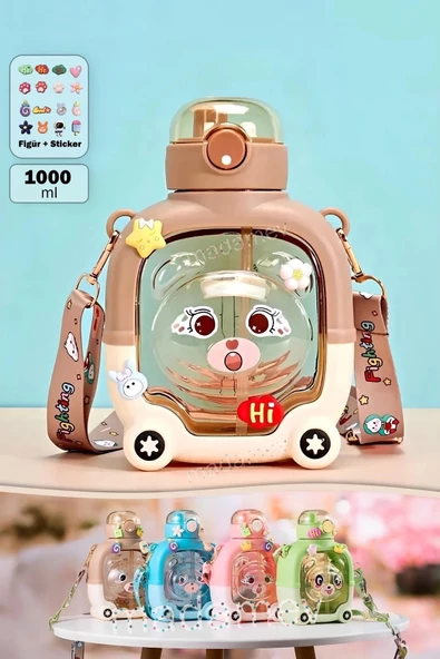 Madamev Sevimli Ayıcık Su Matarası Suluk Bpa İçermez Çocuk Okul Kapaklı Su Şişesi Sticker Figürlü 1000 ml