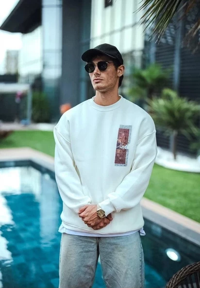 Uzun Kol Bisiklet Yaka Ön ve Arka Baskılı SweatShirt - Beyaz