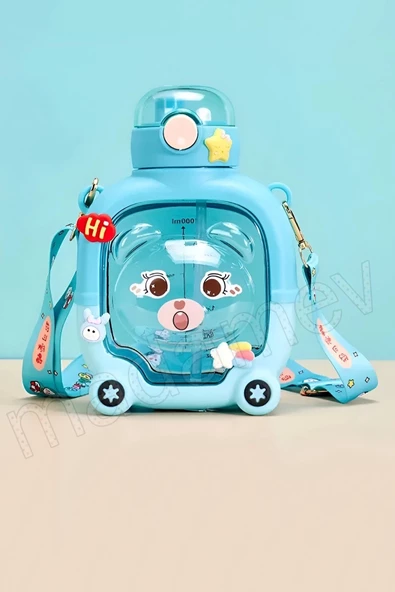 Madamev Sevimli Ayıcık Su Matarası Suluk Bpa İçermez Mavi Okul Kapaklı Su Şişesi Sticker Figürlü 1000 ml - 2