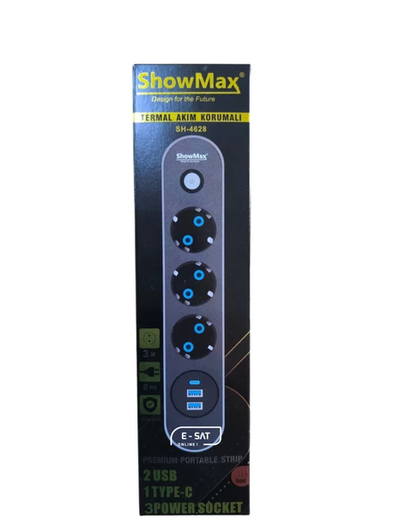 SHOWMAX 4628 3 LÜ 2 MT 2 USB 1 TYPE C GİRİŞLİ TERMAL AKIM KORUMALI GRUP PRİZ - 3