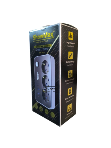 SHOWMAX 4626 3 LÜ 2 MT 2 USB 1 TYPE C GİRİŞLİ TERMAL AKIM KORUMALI GRUP PRİZ - 4