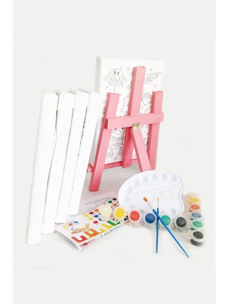 5'li Kız Çocuk Ressam Seti - 5 Ad. 20 x 30 cm Önçizimli Tuval, 2 Ad. Fırça, Palet, Boya ve Şövale - 3