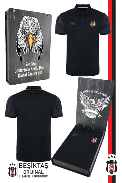 Beşiktaş Orijinal Lisanslı Polo Yaka Siyah Spor T-Shirt Ahşap Kutulu