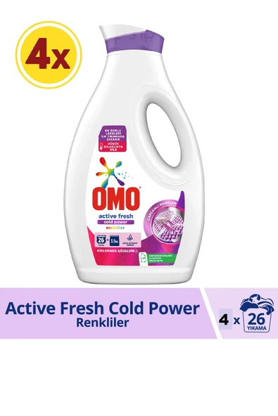 Omo Sıvı Çamaşır Deterjanı Active Fresh Cold Power Renkliler 1690 ml X 4 Adet