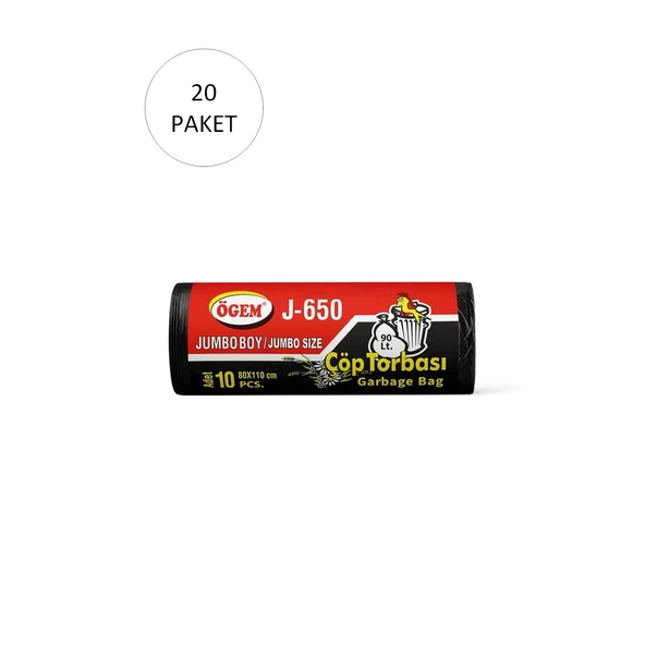 J-500 Jumbo Boy Çöp Torbası 80 x 110 cm 10 Lu Rulo x 20 Paket = 200 Adet (Siyah)