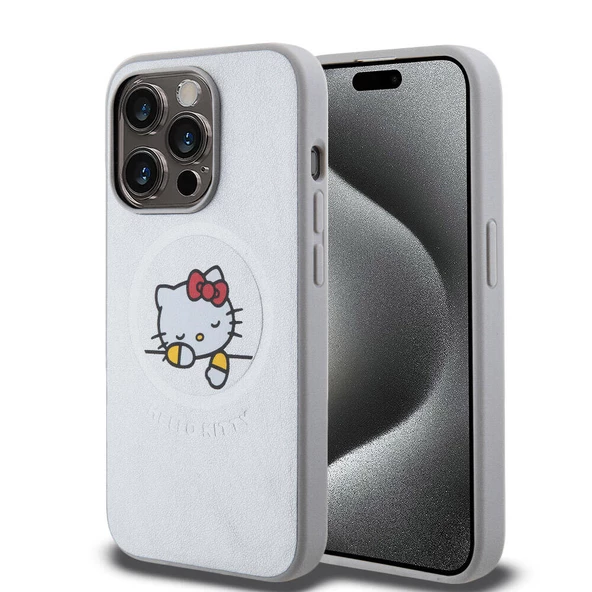 Apple iPhone 15 Pro Max Kılıf Hello Kitty Orjinal Lisanslı Magsafe Şarj Özellikli Baskı Logolu Uyuyan Kitty Deri Kapak