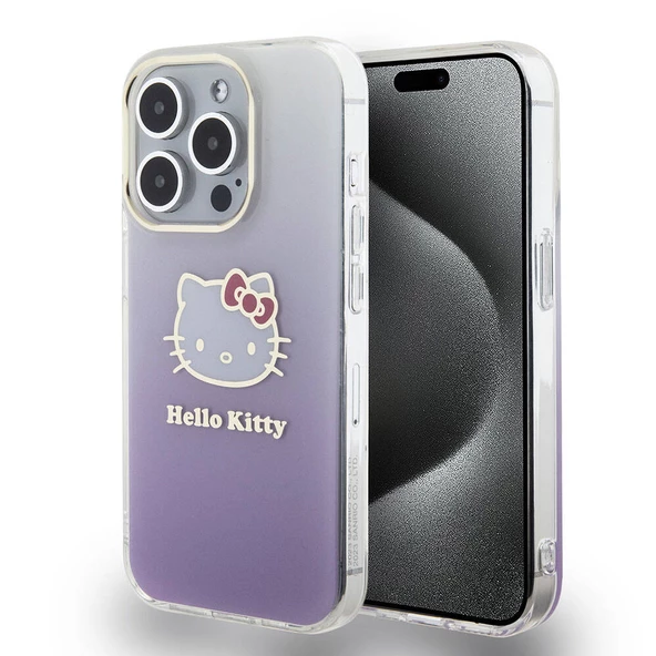 Apple iPhone 15 Pro Kılıf Hello Kitty Orjinal Lisanslı Yazı ve İkonik Logolu Elektroplating Kaplama Gradyan Kapak