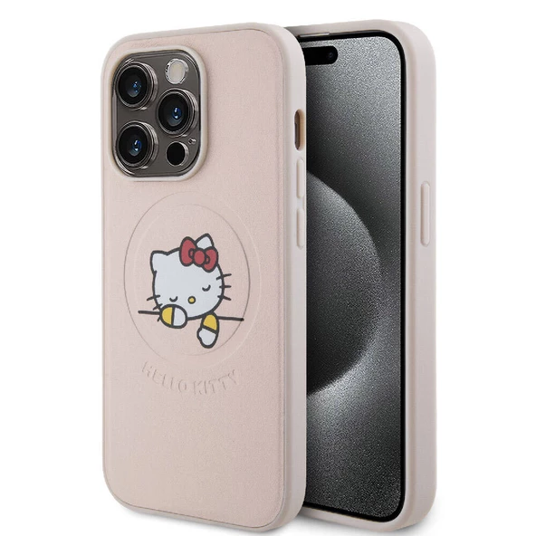 Apple iPhone 15 Pro Kılıf Hello Kitty Orjinal Lisanslı Magsafe Şarj Özellikli Baskı Logolu Uyuyan Kitty Deri Kapak - 2