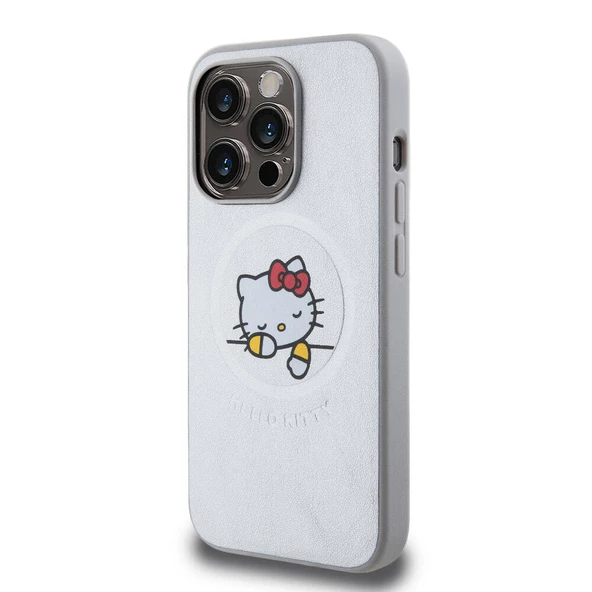 Apple iPhone 15 Pro Kılıf Hello Kitty Orjinal Lisanslı Magsafe Şarj Özellikli Baskı Logolu Uyuyan Kitty Deri Kapak - 11