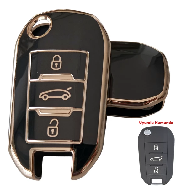 Peugeot 301 Citroen C-Elysee Uyumlu Anahtar Kumanda Kılıfı Kabı Oto Anahtarlık Siyah Gold ürün görseli 1