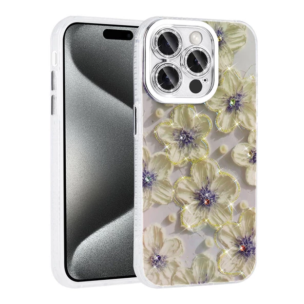 Apple iPhone 14 Pro Max Kılıf Çiçek Desenli Parlak Taşlı Sert Silikon Zore Garden Kapak - 4