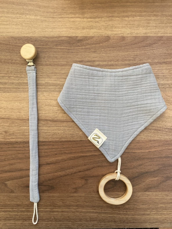 4 Katlı Müslin Salya Önlüğü,Akçaağaç Diş Kaşıyıcı,Emzik Askısı 3 lü Set - 2