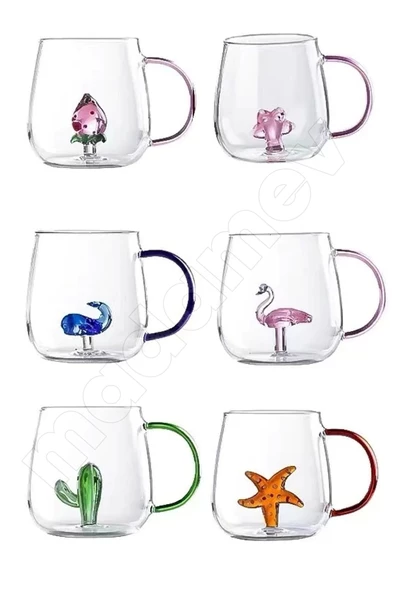 4'lü Figürlü Cam Bardak 3D Sevimli Karikatürler Bardağı Kawaii Renkli Kulplu Sunum Fincanı 350 ml. - 3