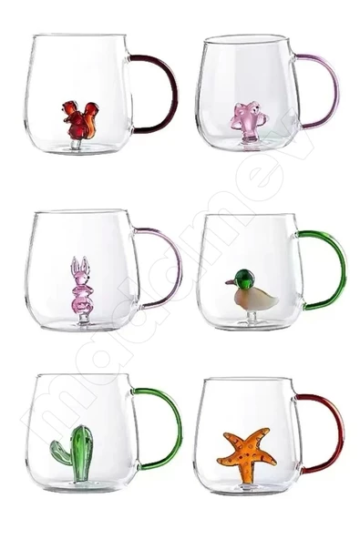 6'lı Figürlü Cam Bardak 3D Sevimli Karikatürler Bardağı Kawaii Renkli Kulplu Sunum Fincanı 350 ml. - 4