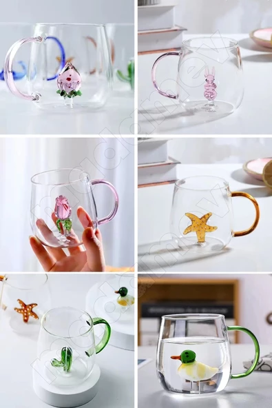 2'li Figürlü Cam Bardak 3D Sevimli Karikatürler Bardağı Kawaii Renkli Kulplu Sunum Fincanı 350 ml. - 2