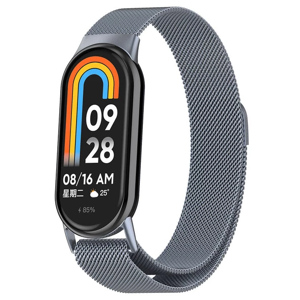 KNY Xiaomi Smart Band 8 İçin Hasır Desenli Mıknatıslı Metal Kayış-Kordon KRD-01 Koyu Gri