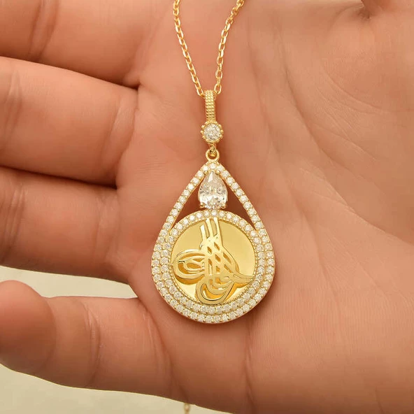 925 Ayar Gümüş Gold Kaplama Damla Tuğralı Kadın Kolye - 2