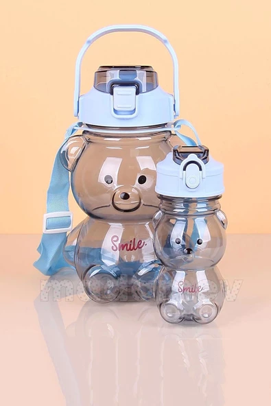 2li Şeffaf Smile Ayıcık Su Matarası 1000+400ml Çocuk Su Şişesi Pipetli Sızdırmaz Kapaklı Suluk Seti - 2
