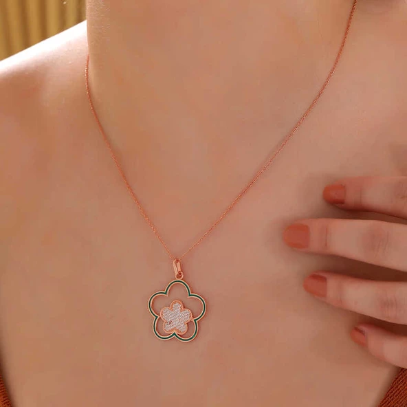 925 Ayar ​Gümüş Rose Çiçek Desenli Kadın Kolye - 2