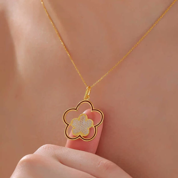 ​925 Ayar Gümüş Gold Çiçek Desenli Kadın Kolye - 2