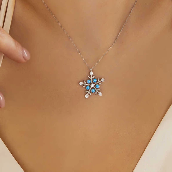 925 Ayar Gümüş Aquamarine Taşlı Kar Tanesi Kadın Kolye - 2