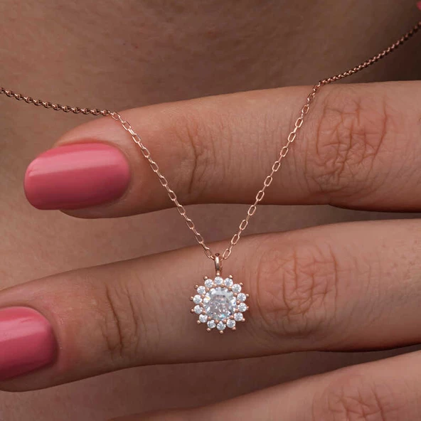 925 Ayar Gümüş Rose Minimal Yuvarlak Anturaj Kadın Kolye