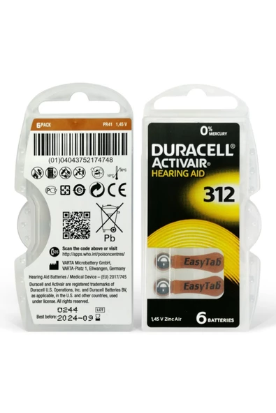 Duracell -Duracell 312 Pil 6lı İşitme Cihazı Pili 10 PAKET. - 2