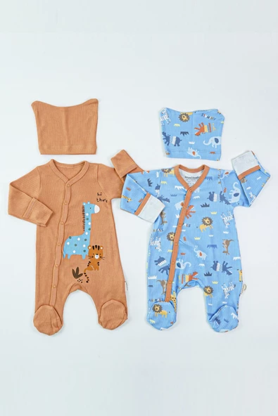 Trend Orman Hayvanları Desen Çıtçıtlı Şapkalı Pamuklu Uzun Kollu Kışlık Erkek Bebek Tulum 4'lü Seti - 3