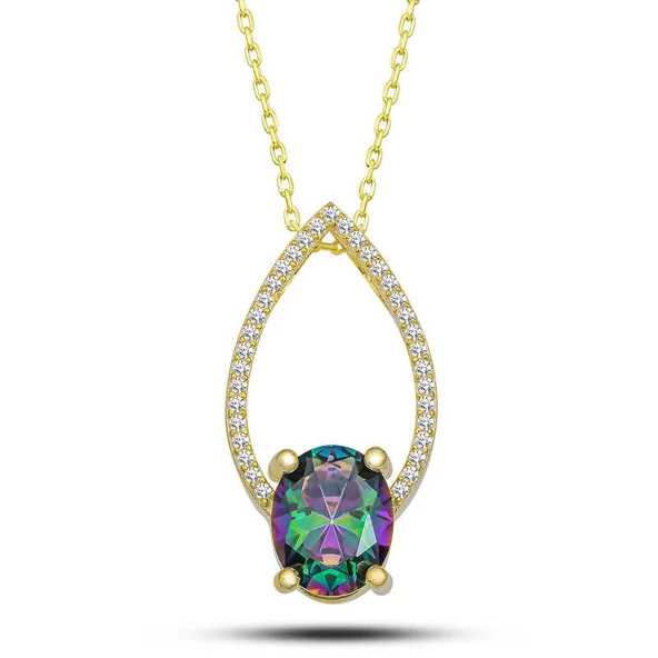 Gümüş Gold Oval Mistik Topaz Taşlı Damla Kadın Kolye - 2